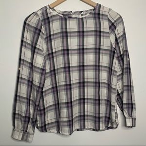 LOFT Petite Long Sleeve Plaid Crew Neck Blouse